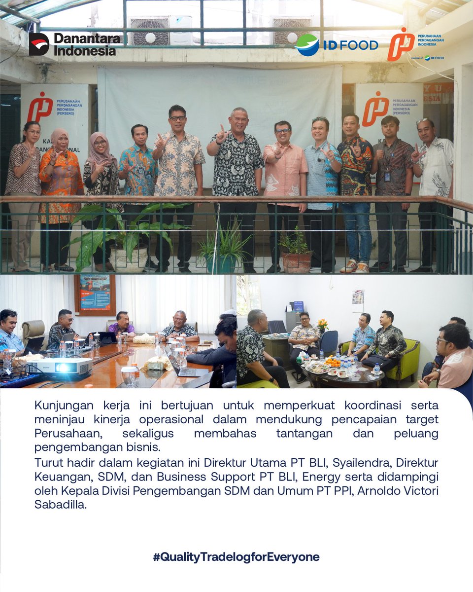 Halo #SobatDagang 

Direktur Utama PT Perusahaan Perdagangan Indonesia (PPI), Wahyu Sakti Priyonggo mengunjungi Kantor PT PPI Cabang Utama Jakarta dan Kantor Wilayah Jakarta PT BGR Logistik Indonesia (BLI) pada Rabu (21/1/2026).