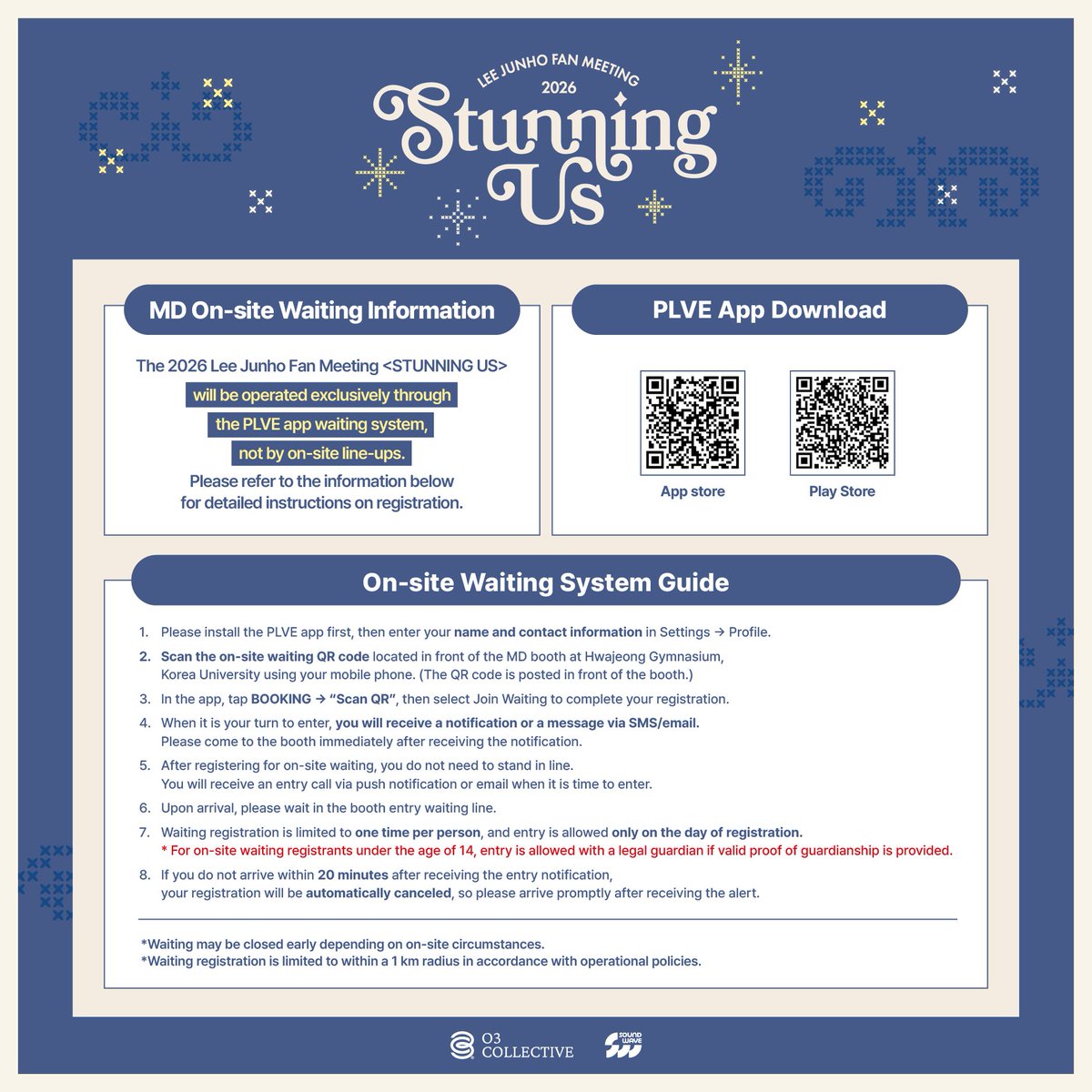 2026 LEE JUNHO FAN MEETING <STUNNING US>
OFFICIAL MD OFFLINE SALES NOTICE
PLVE 현장 웨이팅 등록 방법 

✅ PLVE 앱을 다운로드 해주세요. 
✅ 신규 사용자는 앱 접속 후 프로필 설정을 진행해주세요. 
✅ 현장 웨이팅 QR 코드를 스캔해 대기 등록을 해주세요.
✅ 푸시 알람 또는 프로필 설정 시