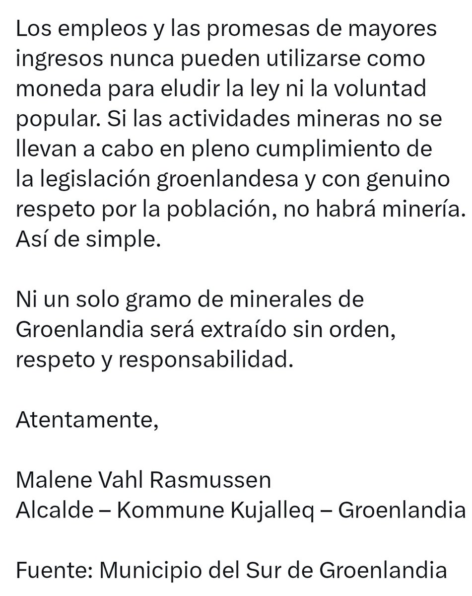mariaeulate's tweet image. La alcaldesa del municipio groenlandés de Kujalleq, donde se encuentran las minas de tierras raras, ha enviado una carta abierta al presidente estadounidense Donald Trump. kujalleq.gl/da/nyheder/202…