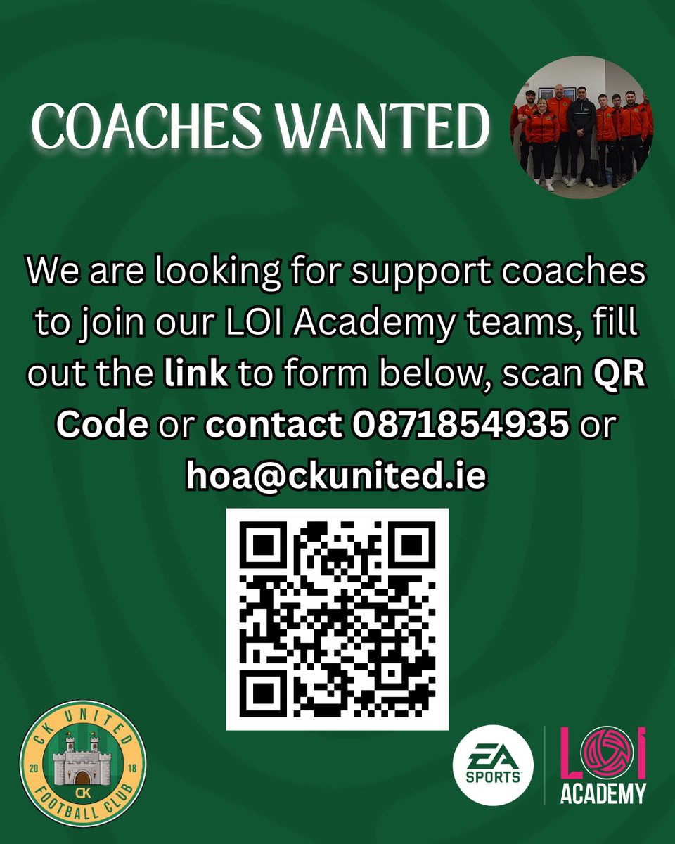 ckutdfc's tweet image. Coaches Wanted 🫵🧠

We are looking for support coaches to join our LOI Academy, if your interested we want to hear from you by filling out the form in the link below/scan QR Code or contact 0871854935 or hoa@ckunited.ie 

forms.gle/wSHf8j2HYQ5dFE…