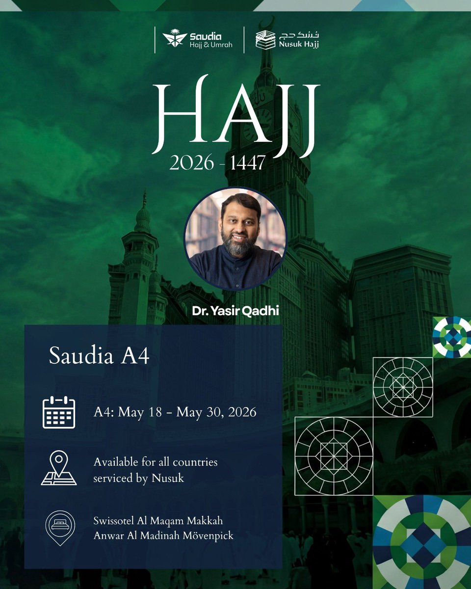 We are pleased to share details of a Hajj package offered through Saudia Hajj &amp; Umrah, accompanied by Dr. Yasir Qadhi.

This program is designed to provide pilgrims with clarity, structure, and peace of mind throughout the journey. From confirmed logistics and coordinated
