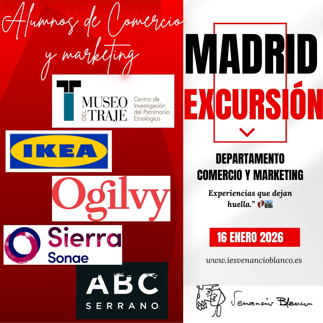 📍 Excursión formativa a Madrid con alumnado de Marketing y Actividades Comerciales:
🔹 Visita a Ogilvy (estrategia y creatividad)
🔹 Análisis retail en ABC Serrano y Milla de Oro
🔹 Experiencia de cliente con Sonae Sierra
🔹 Comunicación visual en el Museo del Traje

#Marketing