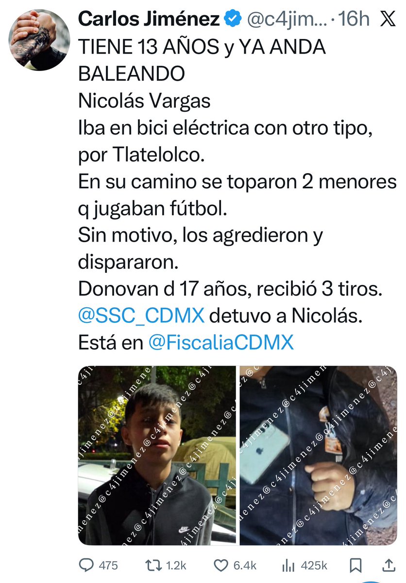 QUE ESTÁN JUNTANDO $500 MIL PARA LIBERARLO
La familia de Nicolás Vargas comenzó a pedir $ prestado.
Según presumen, una vecina q labora en <a href="/FiscaliaCDMX/">Fiscalía CDMX</a> le pidió ese $ para q la Fiscalía de Menores lo libere.
<a href="/SSC_CDMX/">SSC CDMX</a> lo detuvo anoche tras balear a un menor q está muy grave