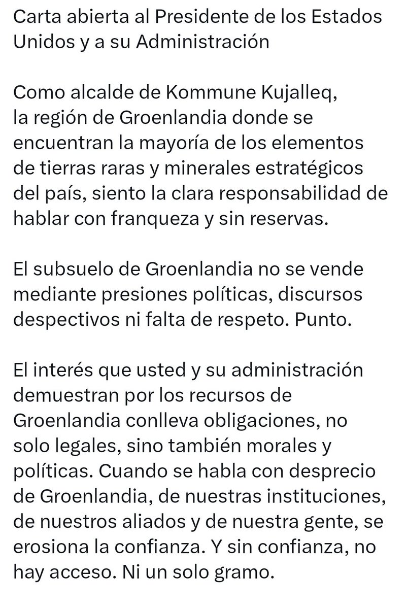 mariaeulate's tweet image. La alcaldesa del municipio groenlandés de Kujalleq, donde se encuentran las minas de tierras raras, ha enviado una carta abierta al presidente estadounidense Donald Trump. kujalleq.gl/da/nyheder/202…