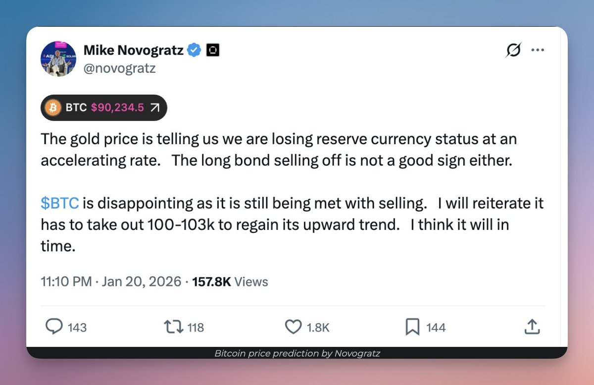 The Recovery Trigger 🚀 As Mike Novogratz (Galaxy Digital) notes, the  bearish outlook only shifts once $BTC breaks back above $100k. Until then, # Bitcoin is in a 