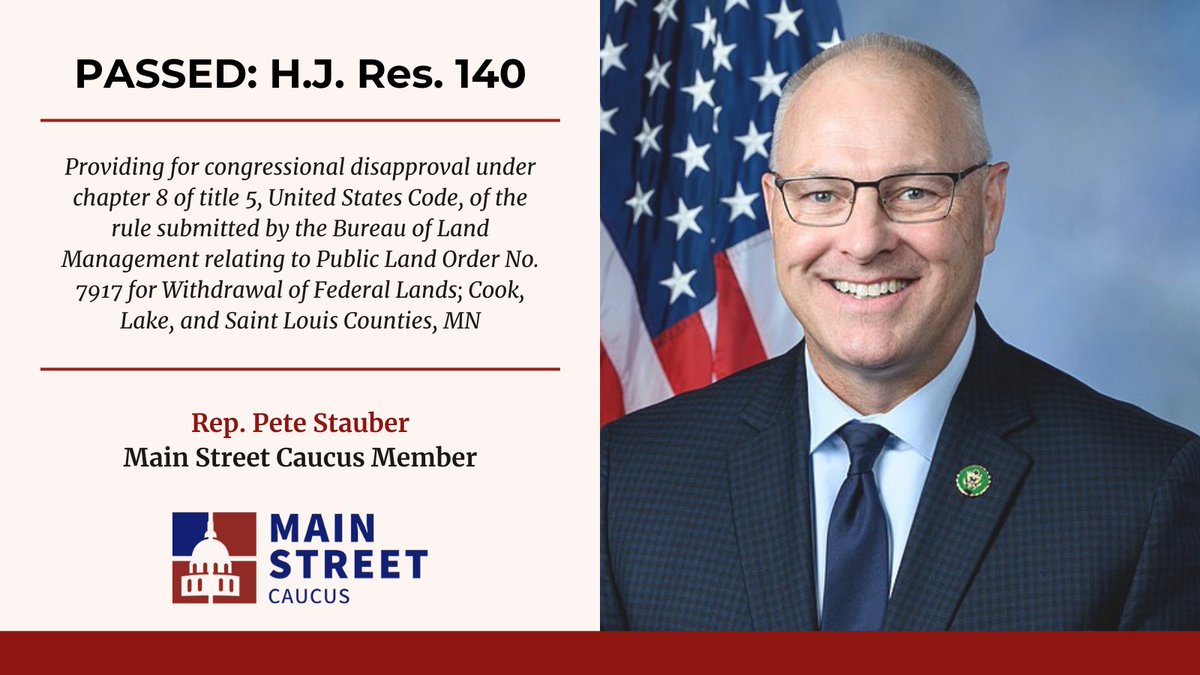 MainCaucus's tweet image. Congratulations to @RepPeteStauber on the passage of H.J. Res. 140, which overturns Biden's mining ban in Minnesota.     

Read more here: bit.ly/4a4F2dr
