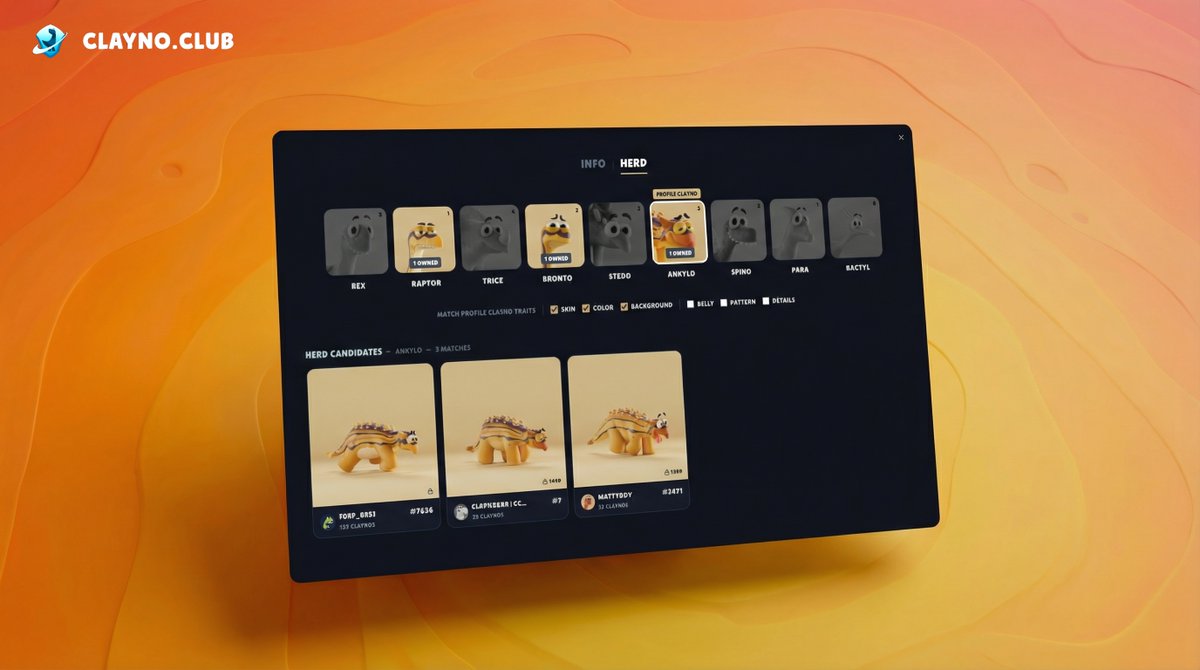 A new clayno.club feature is live!

You can now see potential herds/pods directly on the nft detail page.

• Trait-based matching using the Clayno profile as reference
• See which Claynos/Popkins could complete your herd/pod
• Quickly identify owners &amp; availability