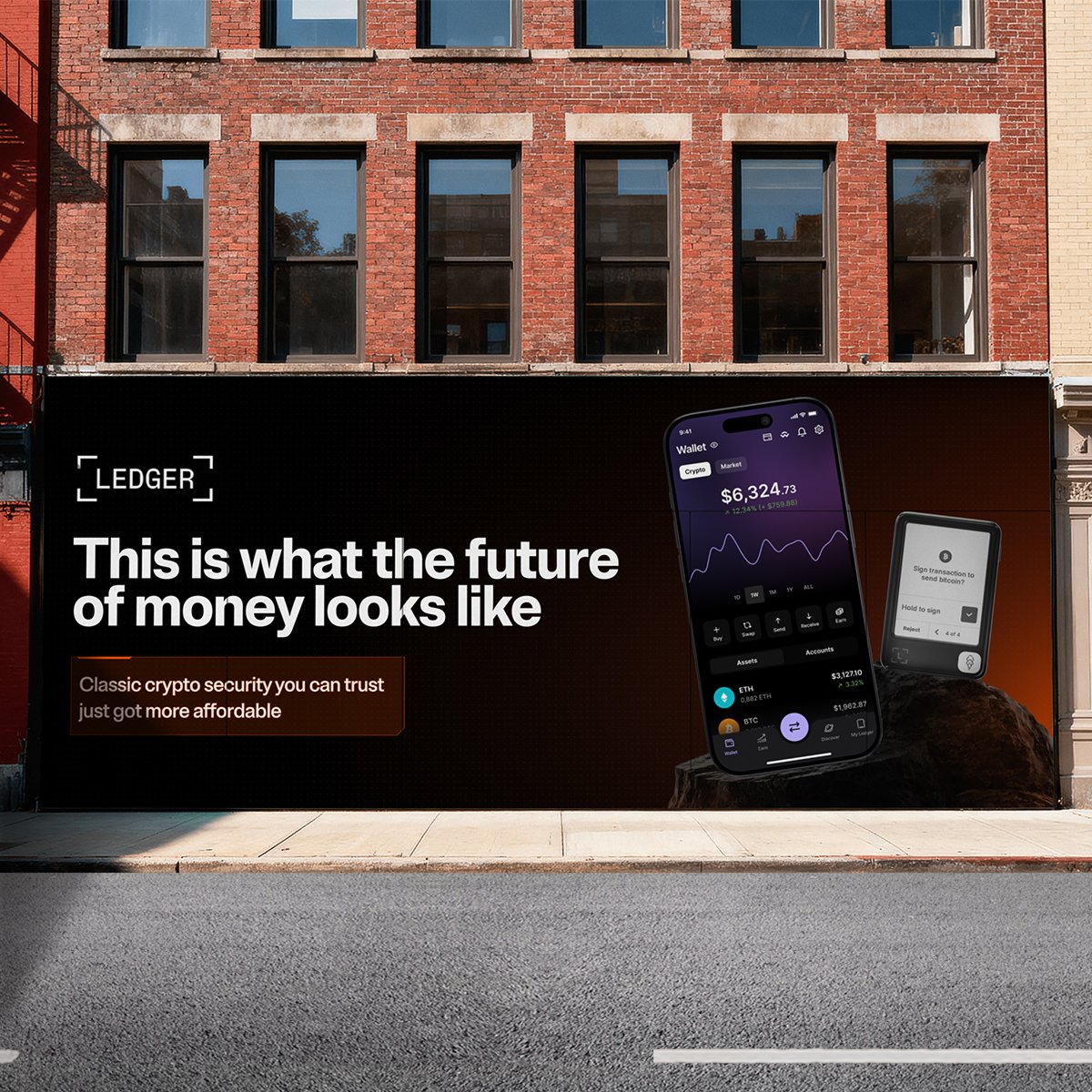 Ledger's tweet photo. POV: This is your view walking down the street. 

Ledger Wallet + Ledger Nano Gen5. 
Manage your assets, secure your transactions with our most affordable touchscreen signer. 

Free from compromise 🔒 https://t.co/FCNCxekfee