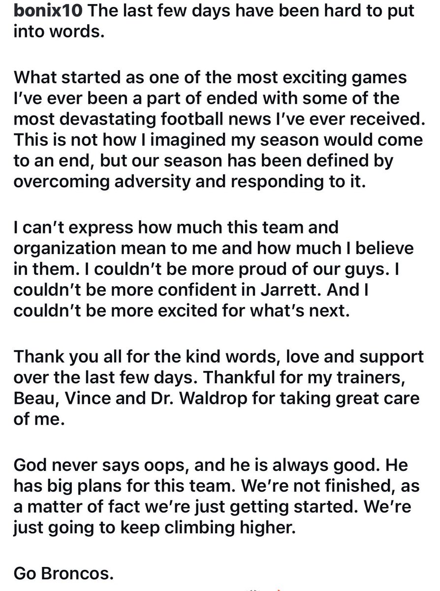 RapSheet's tweet image. “The most devastating football news I’ve ever received.” 

#Broncos QB Bo Nix reflects on IG on his injury following surgery.