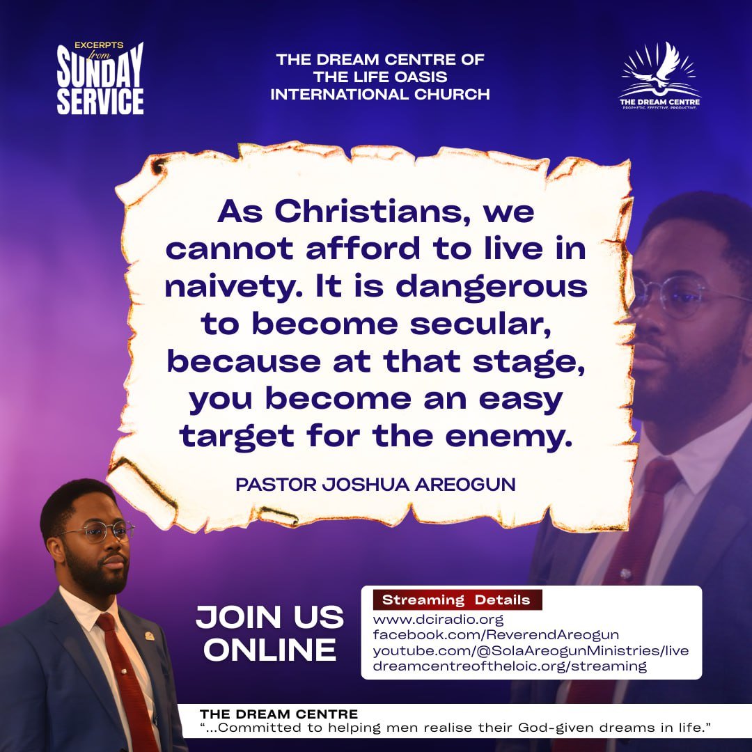 dcloicint's tweet photo. NAIVETY IS NOT INNOCENCE.
IT IS A LIABILITY.

One of the most dangerous states for a believer
is not sin —
it is spiritual dullness.

The moment a Christian becomes secular in thinking,
casual in devotion,
and relaxed in discernment,
he becomes an easy target.

The enemy does not fight informed believers.
He preys on unalert ones.

Spiritual intelligence is not optional.
Discernment is not a gift for prophets alone.
It is a survival requirement.

A believer without depth
is a believer without defence.📖 “Be sober, be vigilant; because your adversary the devil walketh about…” — 1 Peter 5:8

This generation must not be emotional Christians,
but intelligent believers.
Watch.
Listen.
Grow.
Stay awake.

JOIN US ONLINE:
👉 https://t.co/6YclzWIzj6
👉 https://t.co/m28F38ABu4
👉 https://t.co/tvZVRwq6OU
👉 https://t.co/DJryFiRQz0

#ReverendAreogun #PastorJoshuaAreogun #DreamCentreGlobal #SpiritualIntelligence #Discernment #WordForToday #KingdomMindset #ChristianLiving #StayAwake #PropheticInsight