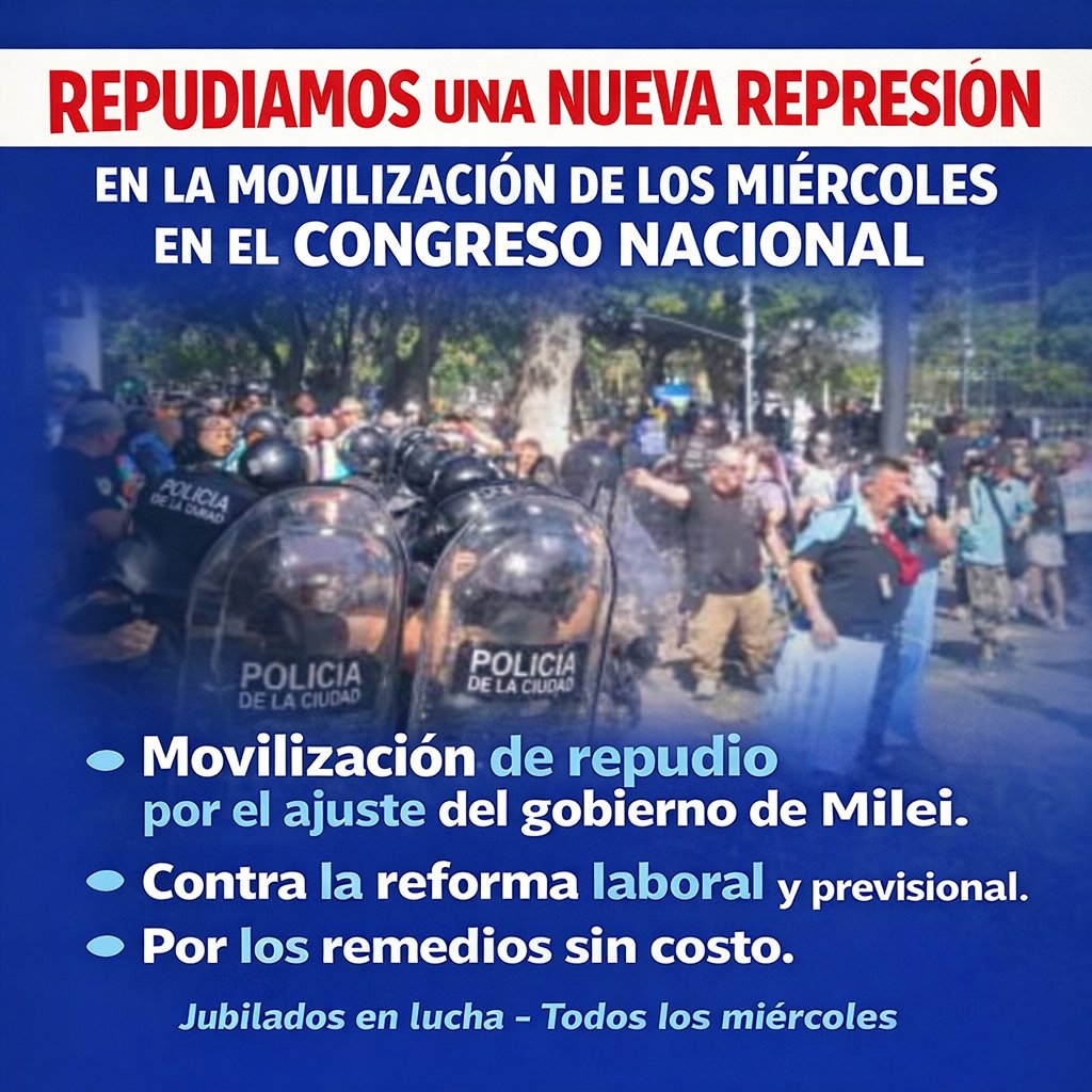 REPUDIAMOS UNA NUEVA REPRESIÓN EN LA MOVILIZACIÓN DE LOS MIÉRCOLES EN EL CONGRESO NACIONAL.

Movilización de repudio por el ajuste del gobierno de Milei.
Contra la reforma laboral y previsional.