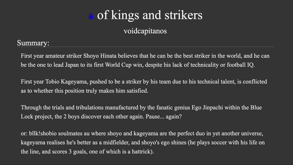 ZEROFFSIDE's tweet photo. of kings and strikers
-
blue lock shobio au where shoyo and tobio play football, play with their lives on the line, and shoyo scores 3 goals, one which happens to be a hattrick. 
#shobio #kagehina #kghn #bluelock #bllk #bllk332
-
https://t.co/njF50rSxMh https://t.co/IBy9JG6gc8