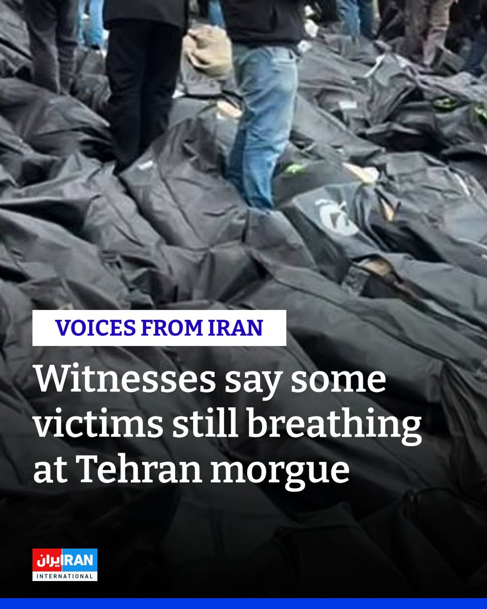 IranIntl_En's tweet photo. Some victims were still breathing among the bodies of dead protesters seen at Tehran’s Kahrizak Forensic Medical Center after a crackdown on protests in the capital, witnesses said in messages sent to Iran International on Wednesday.

According to the accounts, witnesses  saw “two piles of bodies” at  Kahrizak, some of whom were still breathing, with security forces stacking bodies on top of one another.

Three eye witnesses said security forces used live ammunition and metal pellets during demonstrations in eastern Tehran on Jan. 9, leaving streets “filled with blood.”

They said the shooting took place in the area from Golbarg Street toward Haft-Hoz, adding that it was impossible to film because “bullets and pellets were coming from all directions.” 

The eyewitnesses said they were injured but did not seek medical treatment out of fear of arrest or being shot at close range. They added that one of their friends was killed the same night.
https://t.co/ZiPzZ6QtHa