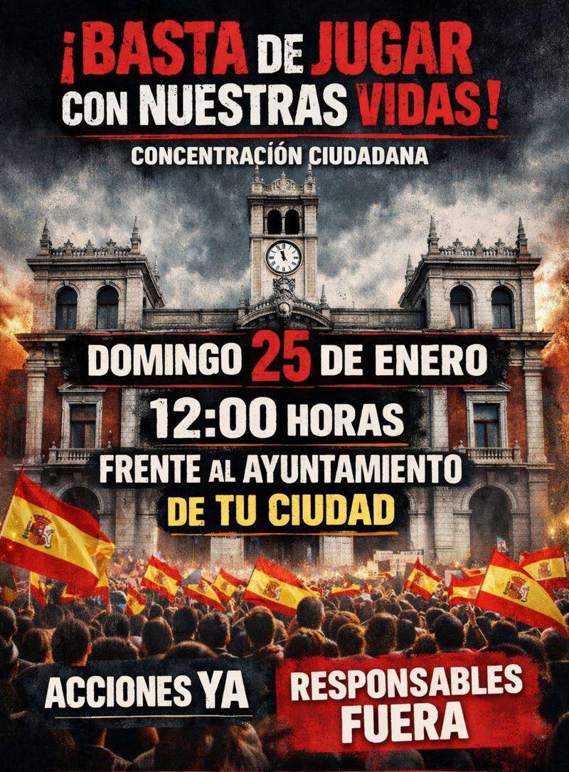 CONVOCATORIA CIUDADANA! 🇪🇸

Manifestación PACIFICA el Domingo 25 de enero frente al ayuntamiento de tu ciudad.