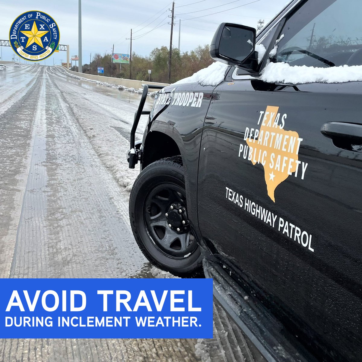 As the state prepares for arctic cold and winter weather, <a href="/TxDPS/">Texas DPS</a> asks everyone to exercise caution, stay vigilant and remain prepared as winter weather can be unpredictable.

We know that inclement weather can present challenges for drivers — and it’s important to avoid traveling