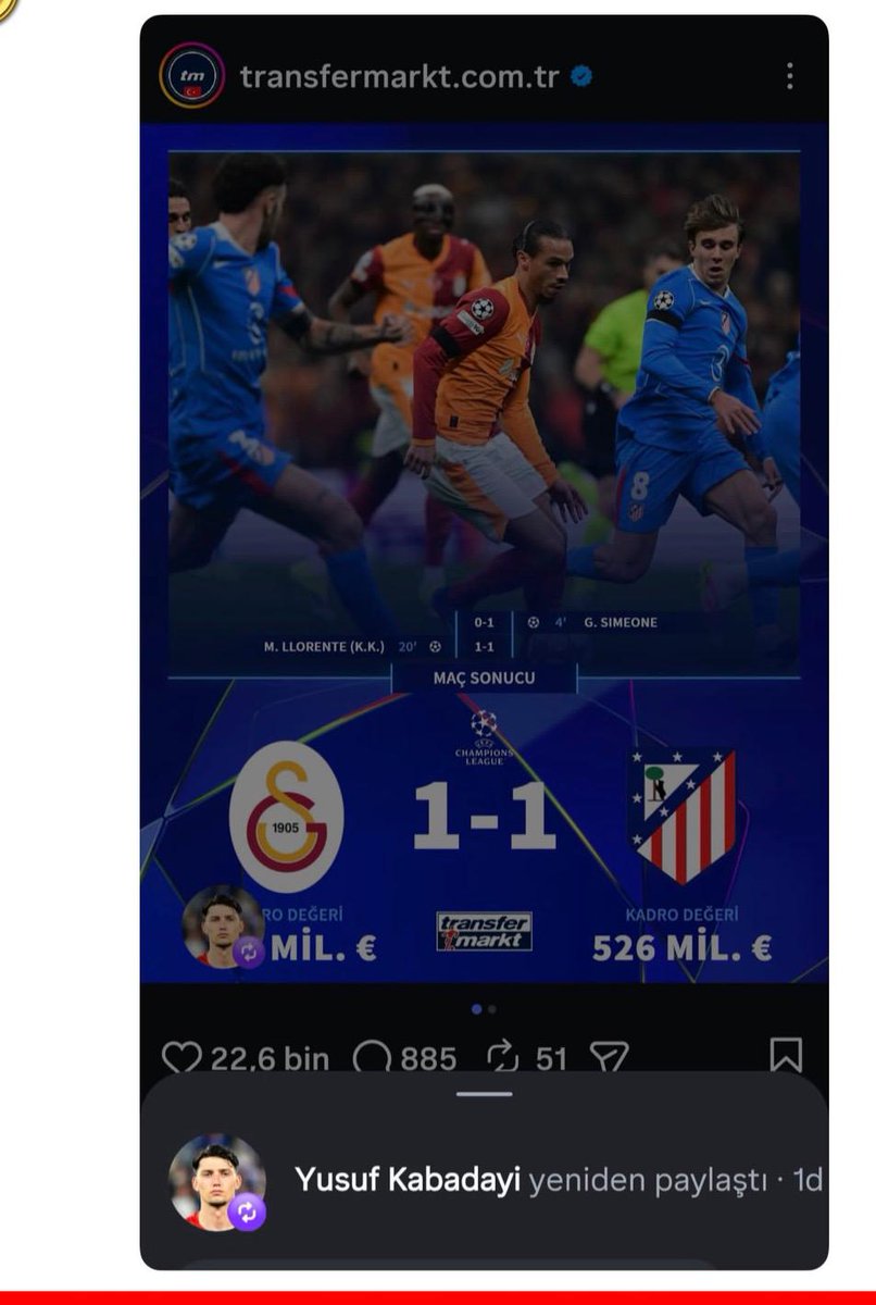 Yusuf Kabadayı'yı hatırlayan var mı? Gaziantep'in GS maçında son dakikalarda kalesinde gördüğü golde  topa vuracakken vazgeçip golü yediren kişi. Eleman GS'nin Atletico Madrid'le 1-1 berabere kaldığı bir postu paylaşmış, sonra da jet hızıyla silmiş! Hayırlı işler 😄