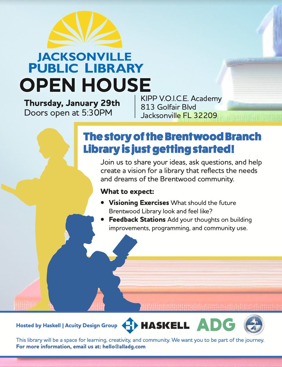 AllADG_'s tweet photo. Next week, the Brentwood community is invited to help shape the future of the @jaxlibrary's Brentwood Branch Library.

Join us, @cityofjax &amp; @HaskellCo to share ideas and help shape what this library can become for Brentwood.   

📅 Jan 29 | 🕠 5:30 PM
📍 KIPP V.O.I.C.E. Academy https://t.co/7A4NClahKy