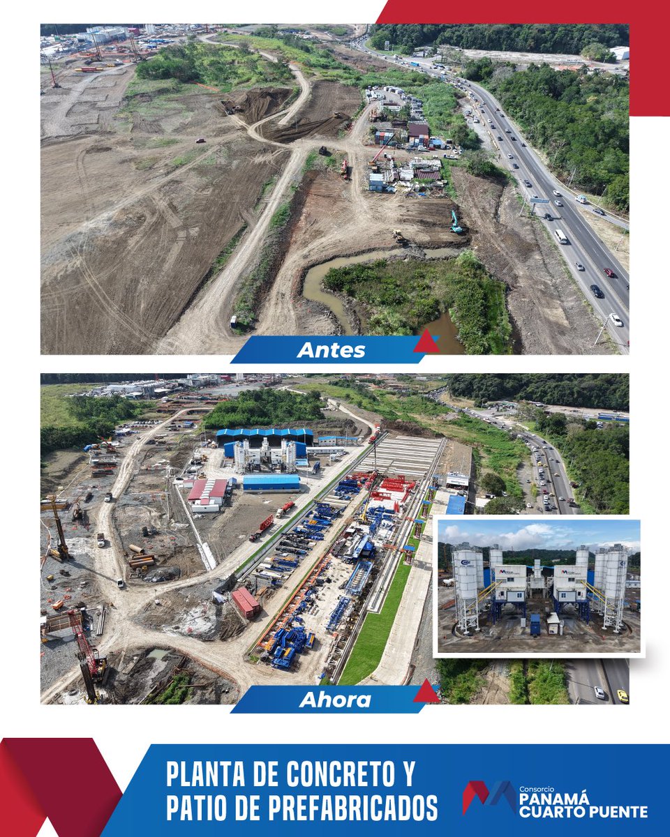 Este es el #AntesYDespués de la planta de concreto del Oeste.

Aquí se produce el concreto que da forma al #CuartoPuente, una obra que requiere más de 350 mil m³ de concreto.

Contar con planta propia nos permite avanzar con mayor eficiencia, mejores plazos de ejecución y calidad