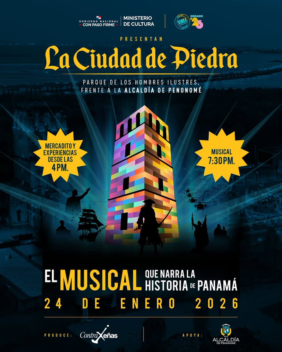 ¡Atención Coclé!
Llega "Ciudad de Piedra", musical para disfrutar un viaje de varios siglos dentro de nuestra historia.

Sábado 24 en el Parque de los Hombres Ilustres, Penonomé. Entrada gratis para toda la familia desde las 4PM.
Invita <a href="/MiCulturaPma/">Ministerio de Cultura</a>

#ArteCultura #Panamá #teatro