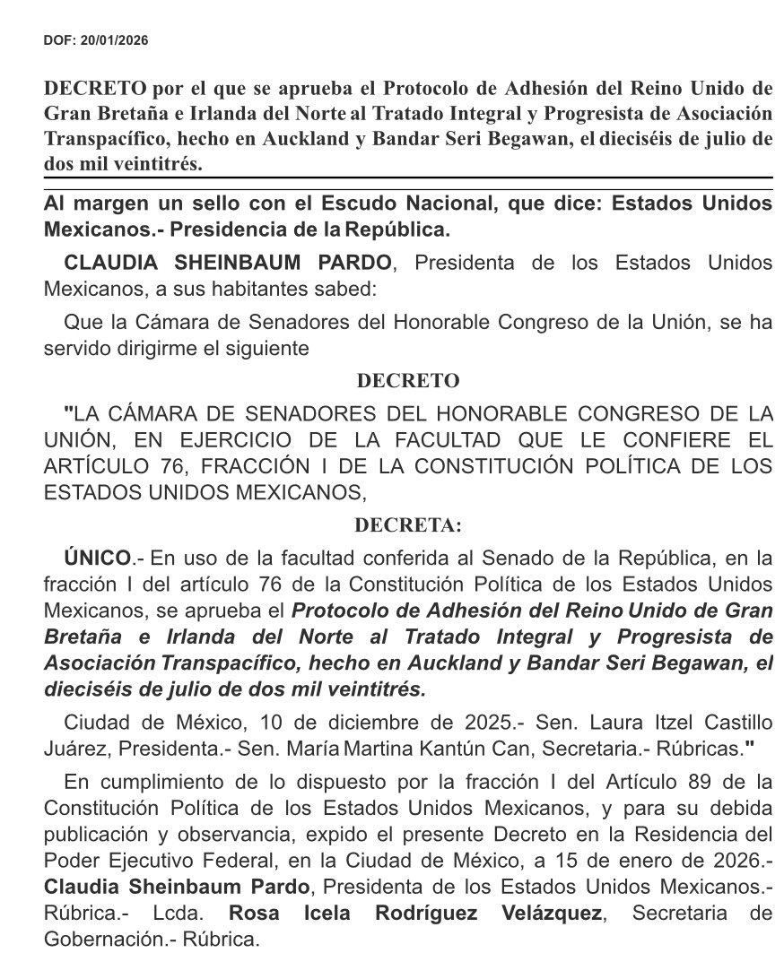 JulianVenturaV's tweet photo. 🇲🇽🤝🇬🇧👏
DECRETO por el que se aprueba el Protocolo de Adhesión del Reino Unido de Gran Bretaña e Irlanda del Norte al Tratado Integral y Progresista de Asociación Transpacífico, #CPTPP #TIPAT : https://t.co/mxG2SjmzfU https://t.co/kI6BeZ8Jso