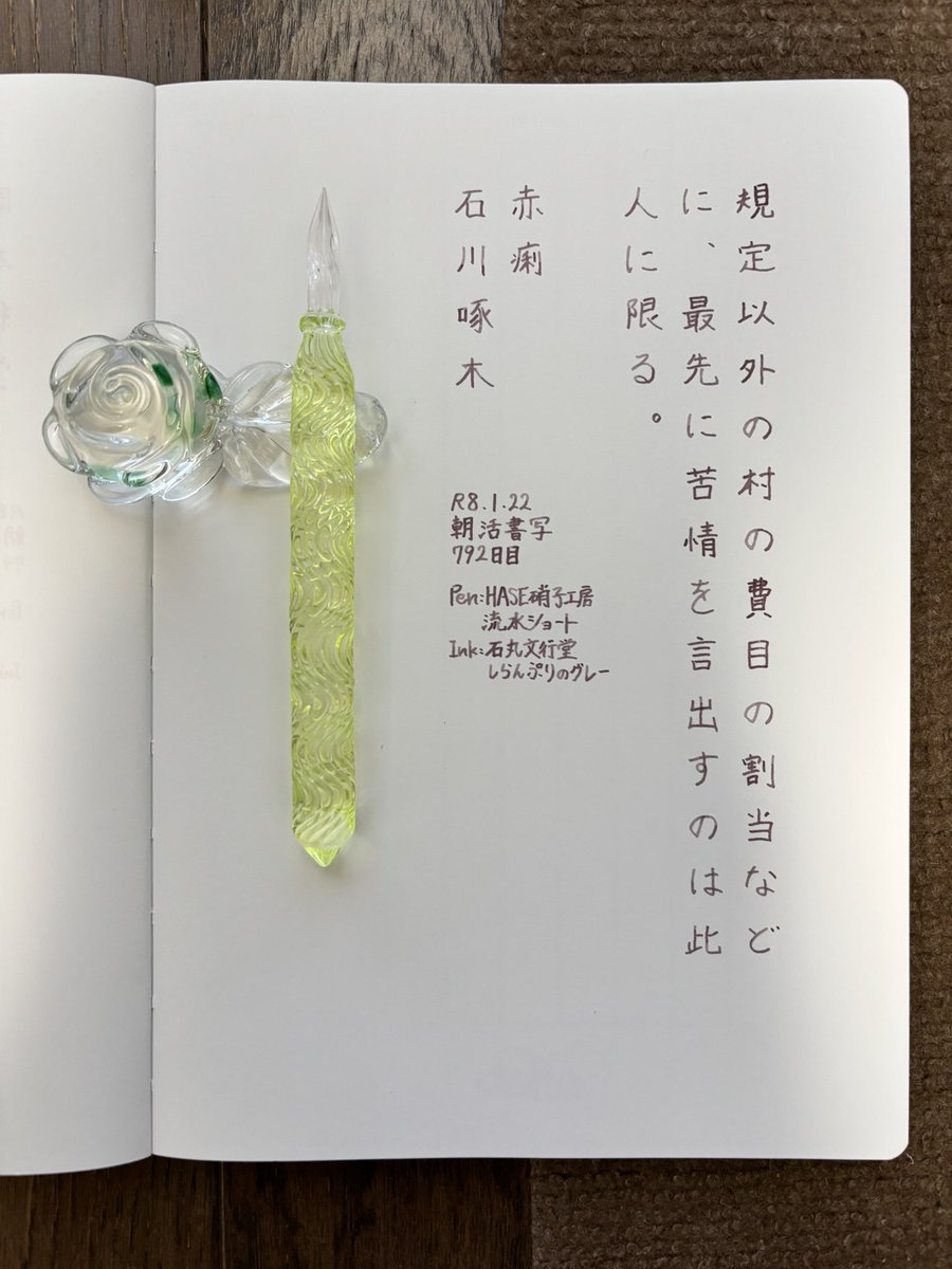 お題ありがとうございます。
一気に寒くなりました…⛄️マフラーだけでなく、手袋も用意しようかしらん。
#朝活書写 
#朝活書写_2295 
#ガラスペン 
ペン：HASE硝子工房 流水ショート
インク：石丸文行堂 しらんぷりのグレー