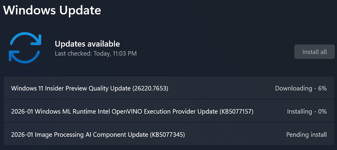 ErikMoreau's tweet photo. #Flighting Windows 11 Build 26220.7653 in the #DevChannel @windowsinsider @DJ_EddieL @NorthFaceHiker @JenMsft @amanda_lango @maisondasilva @megahoch @brandonleblanc @JamesvandenBerg @aavdberg ๐ #areyouflightingyet #WindowsInsiders https://t.co/Bcw98u9kzl https://t.co/jWwA4nDfks