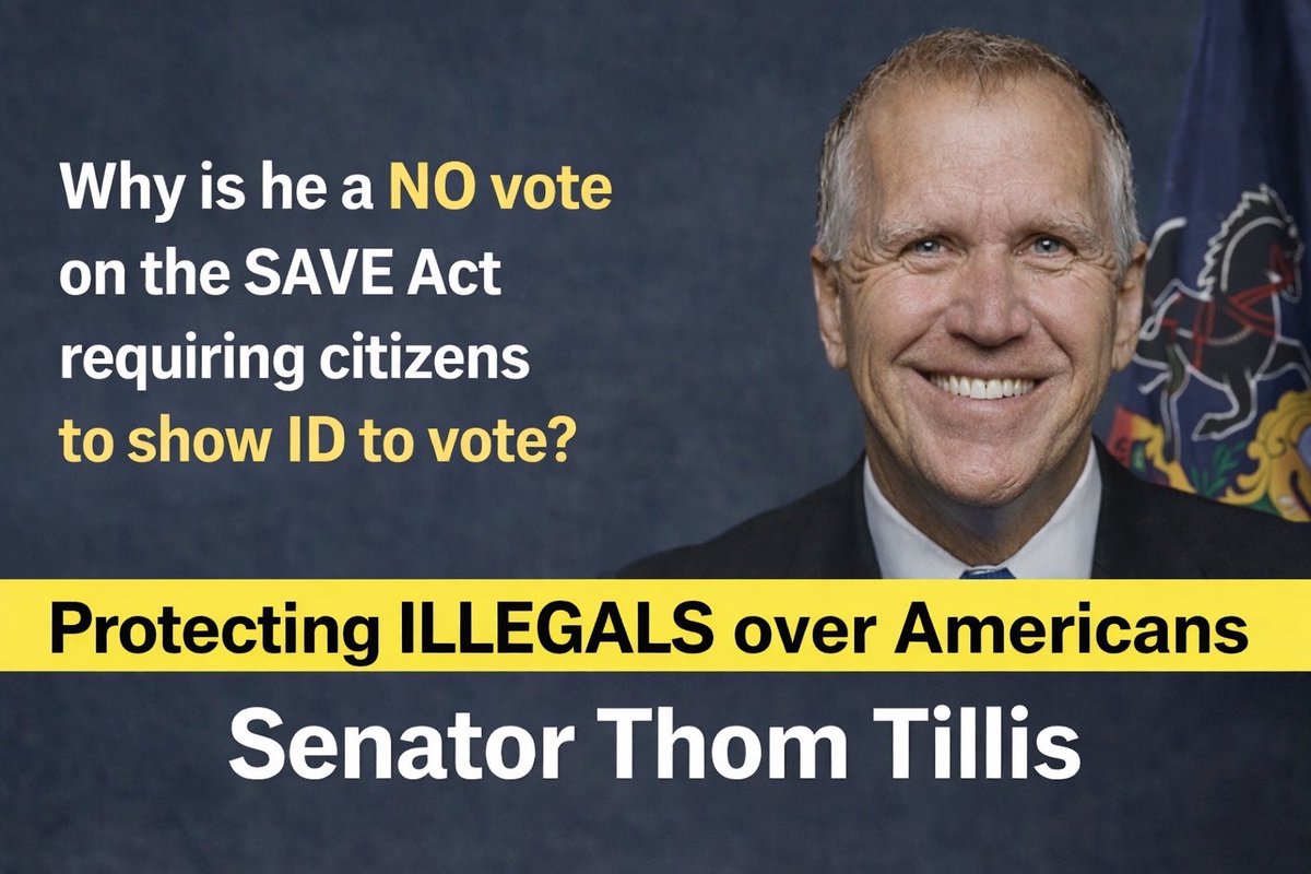 FFT1776's tweet image. 🚨 Sen. Thom Tillis is standing in the way of the SAVE Act.

Why would any Senator oppose requiring citizens to show ID to vote?

Tillis supports illegal votes canceling out legal votes.

This isn’t about ego or feuds.  It’s about our elections and the country. 

📞 Call: (202)…