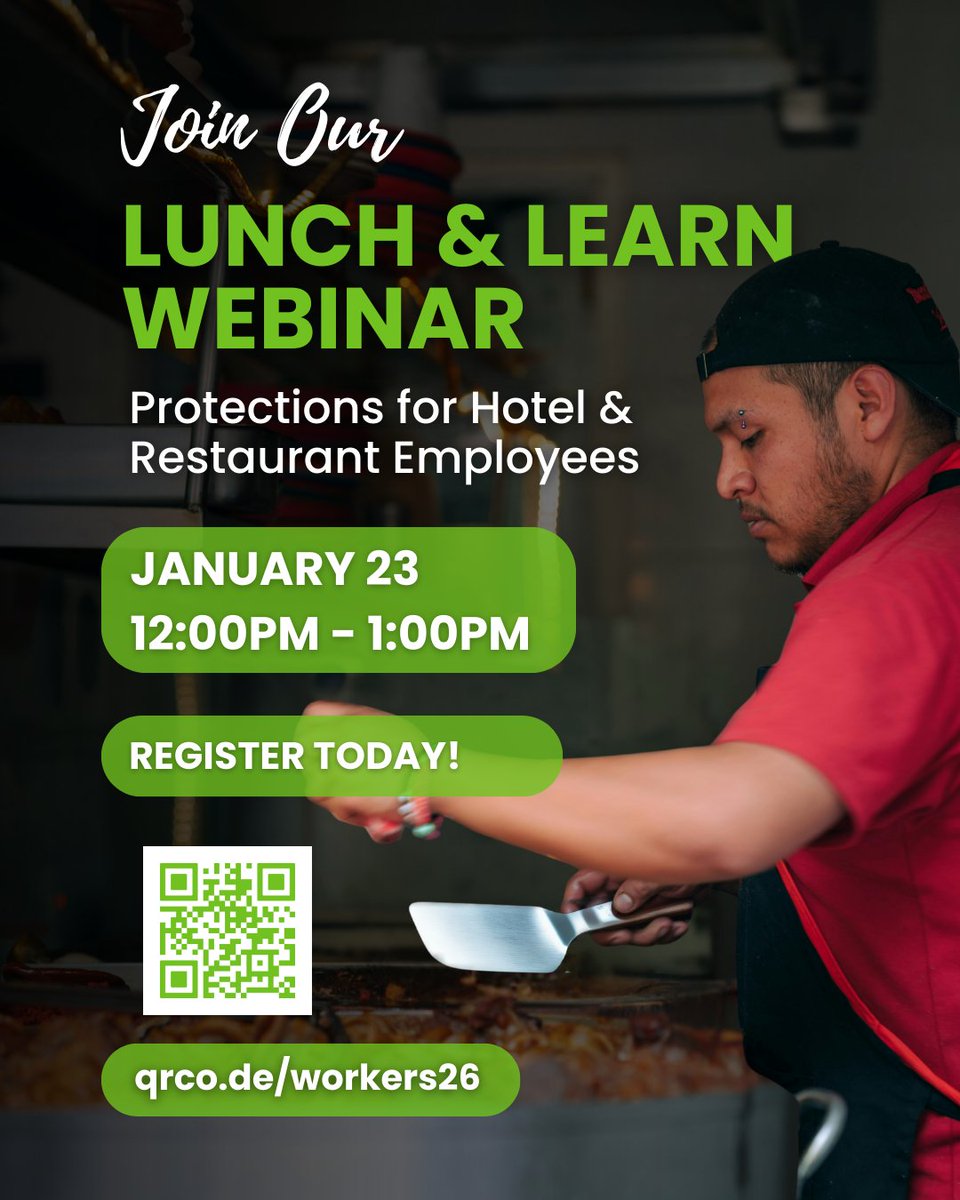 LACountyDCBA's tweet image. A safer, fairer workplace starts with knowing your rights. Join our Lunch and Learn webinar for Restaurant and Hotel employees on Thursday, January 23 from 12-1pm using the link: qrco.de/workers26

#LunchandLearn #WorkersRights #Hospitality