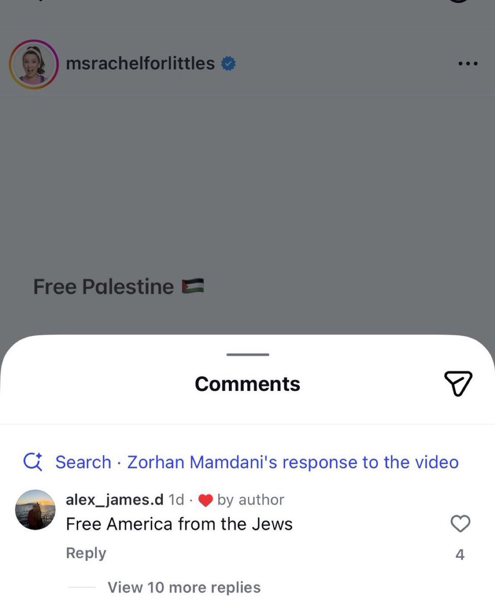 persianjewess's tweet image. Children’s content creator and pro-jihadist Ms. Rachel recently liked an antisemitic comment on IG calling to “Free America from the Jews.”

Looks like the “we don’t hate Jews we only hate Zionists” mask is completely off.