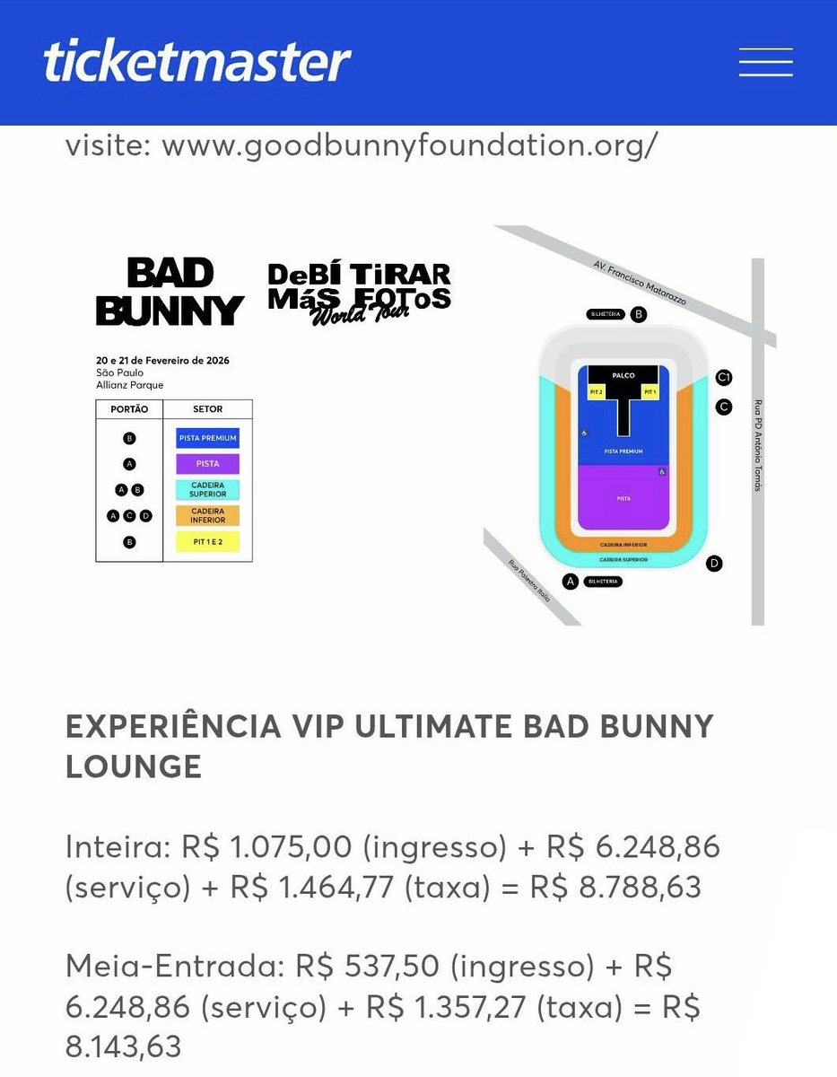 cortezpsol's tweet image. Vejam os valores do show do Bad Bunny no Brasil.

As taxas chegam a ser 150% do valor dos ingressos, que ficam quase 9 vezes mais caros somando com o valor do serviço.

Estou investigando a cobrança de taxas abusivas nesses espetáculos há anos e vou denunciar mais esse caso para…