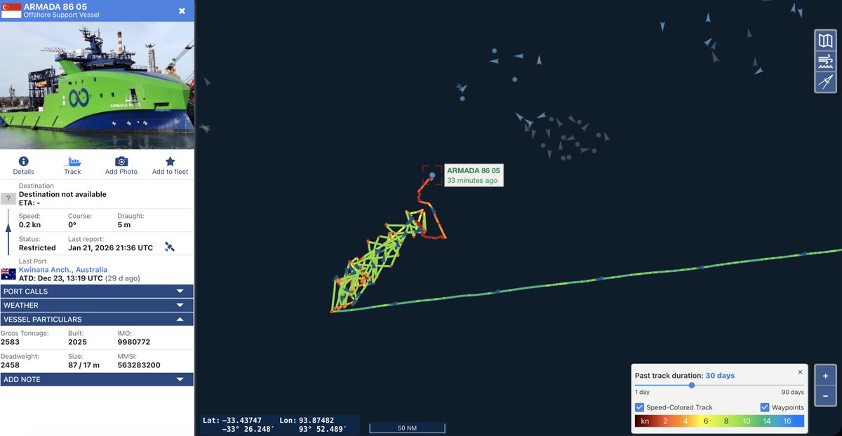 jaysguitars's tweet image. #MH370 #OceanInfinity Here is a look at Armada 86 05's track and position. The seas are calming down. They will probably leave for Fremantle in about 3 days. #vesselfinder