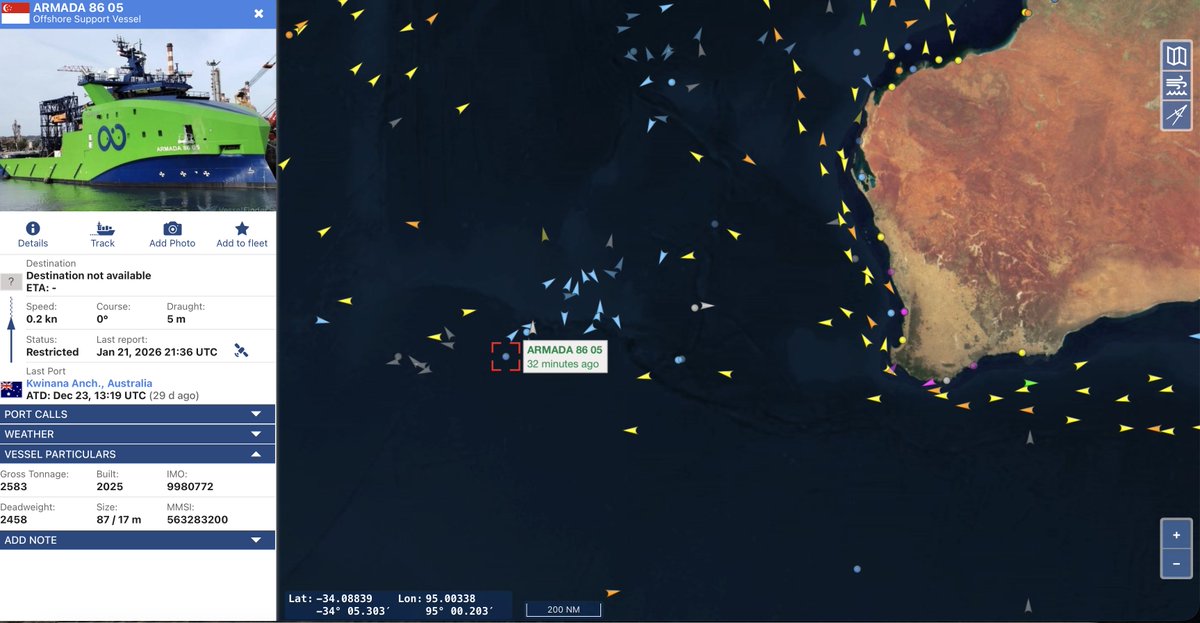 jaysguitars's tweet image. #MH370 #OceanInfinity Here is a look at Armada 86 05's track and position. The seas are calming down. They will probably leave for Fremantle in about 3 days. #vesselfinder