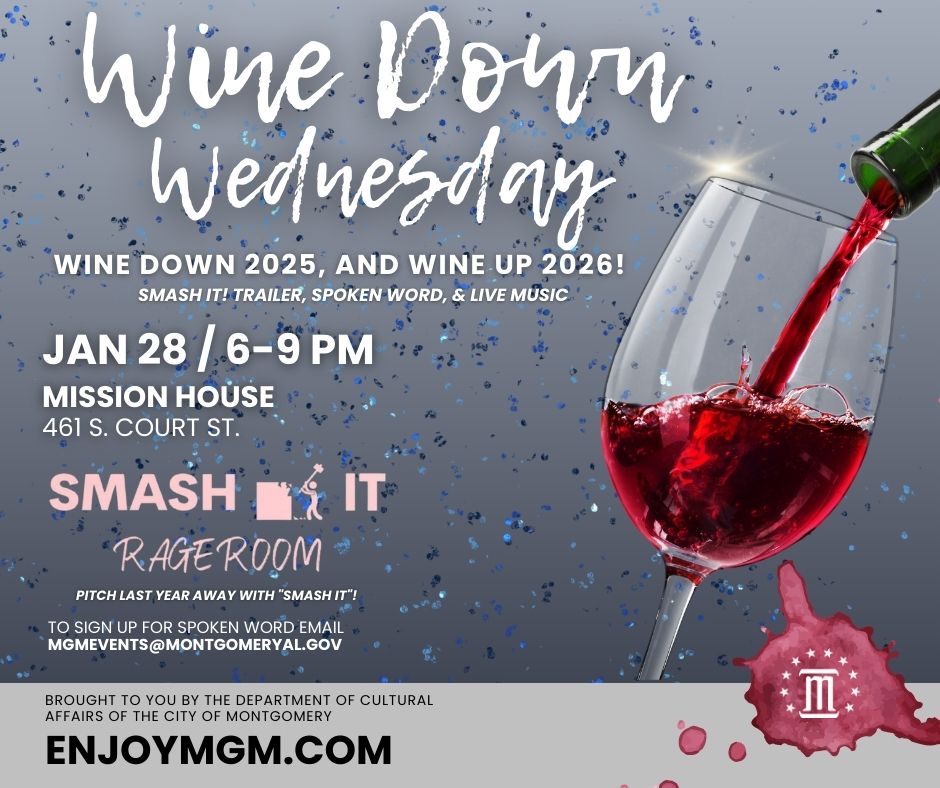 CityofMGM's tweet image. Are you ready for the first Wine Down Wednesday of the year? 

We'll have spoken word, live music, and the opportunity to pitch last year away with the Smash It! Rage Room. Don't miss it! #WineDownWednesday #NewYearNewMe #SmashIt #CityEvents #CheersTo2026