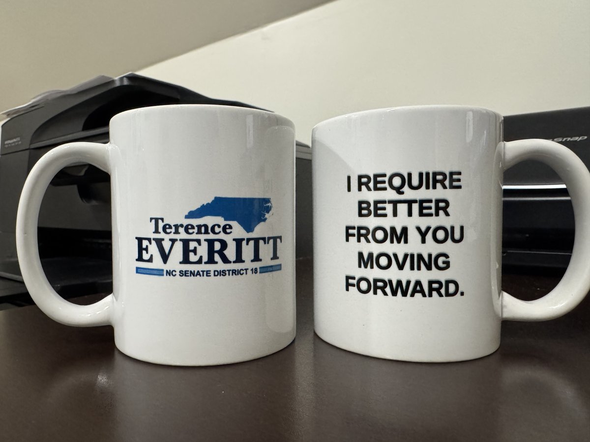 TerenceEveritt's tweet photo. I was humbled last year to receive a letter of commendation from Senator Rabon’s office for my efforts to stand up against Republican corruption in the #NCGA. So moved was I by the gesture that we had these coffee cups made to commemorate the occasion. #ncpol https://t.co/Bf58W2QW4x