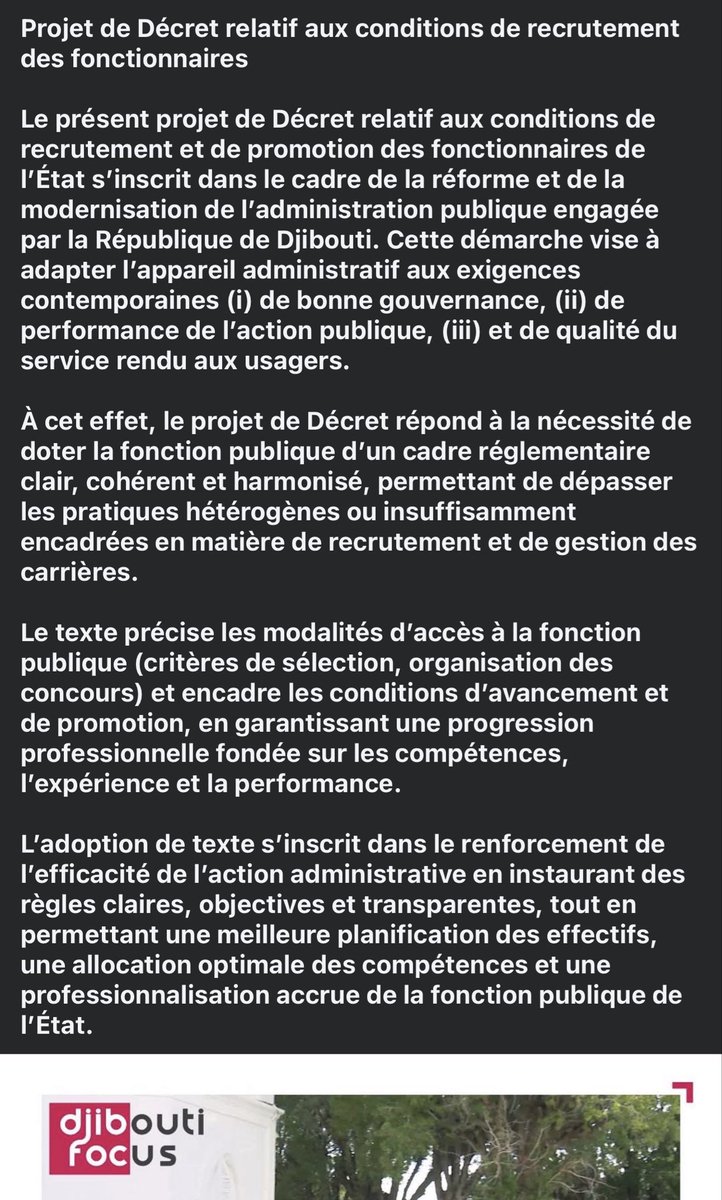 Conseil des ministres : Le projet de Décret du ministère du Travail vise à moderniser le recrutement et la promotion des fonctionnaires de l’État à #Djibouti, en instaurant des règles transparentes, dans le cadre de la réforme de l’administration publique. 

 #FonctionPublique