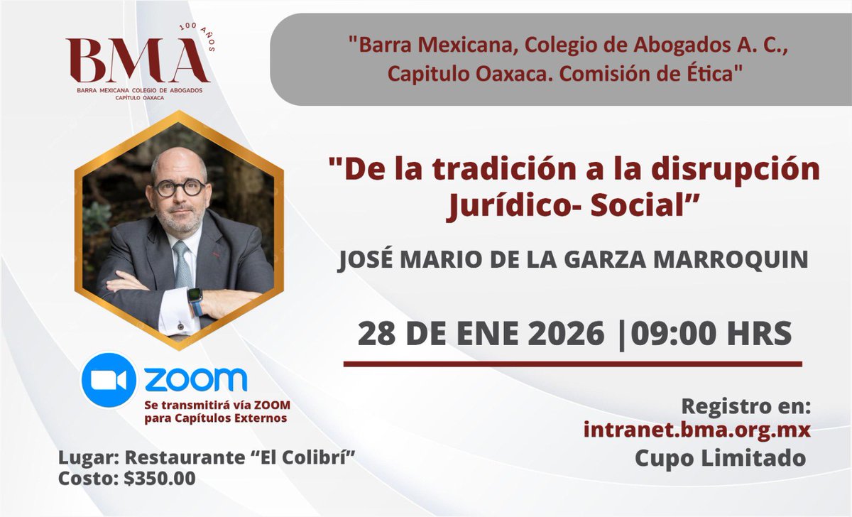 La Barra Mexicana, Colegio de Abogados Capítulo Oaxaca, a través de su Comisión de Ética, convoca a un espacio de reflexión sobre los retos actuales del derecho y su dimensión social.

Registro en la intranet institucional. Cupo limitado.

#BMAOaxaca #ÉticaJurídica