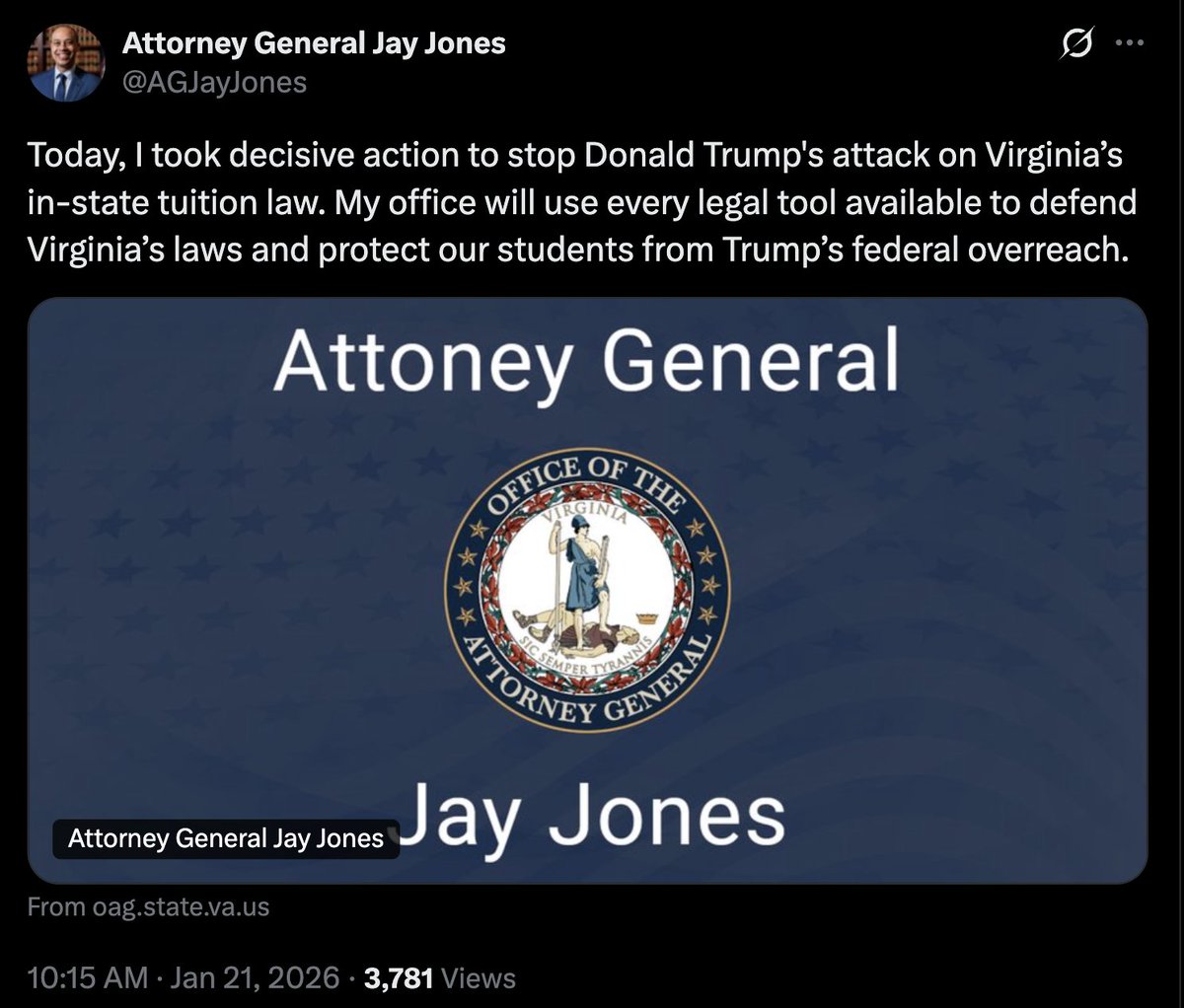 CynicalPublius's tweet image. So Virginia's new Attorney General (the guy who said he wants to see the children of his Republican opponents dead) thinks he is an "attoney."

I took a screen shot because I knew he would delete it.

He must have a learing disability.