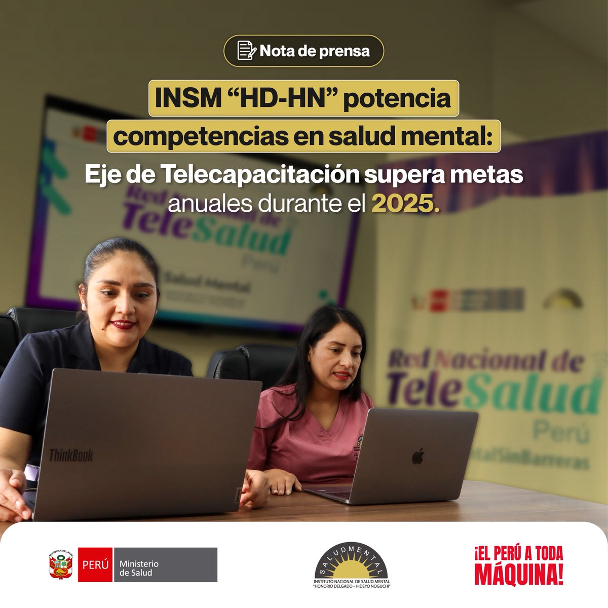 📈 ¡𝐒𝐮𝐩𝐞𝐫𝐚𝐦𝐨𝐬 𝐥𝐚𝐬 𝐦𝐞𝐭𝐚𝐬 𝐞𝐧 𝐜𝐚𝐩𝐚𝐜𝐢𝐭𝐚𝐜𝐢𝐨́𝐧 𝐝𝐞 𝐬𝐚𝐥𝐮𝐝 𝐦𝐞𝐧𝐭𝐚𝐥!

El #INSM alcanzó un 178 % de ejecución en su programa de telecapacitación 2025, beneficiando cerca de 4,000 profesionales de salud a nivel nacional.

gob.pe/es/n/1338423
