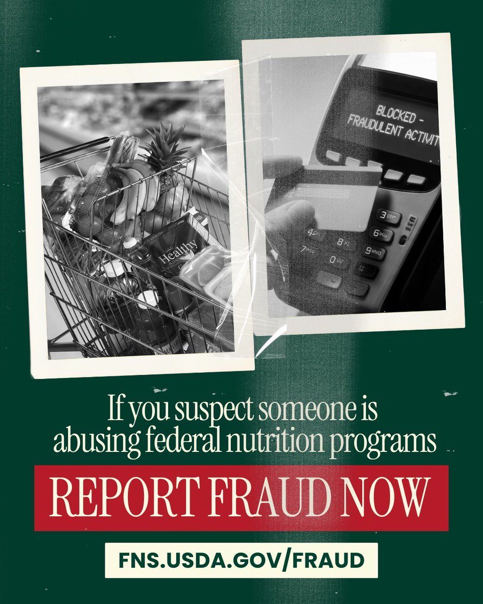 SecRollins's tweet image. Let me be clear: fraud, waste, and abuse in taxpayer-funded nutrition programs will NOT be tolerated. And today, we are giving the power to the people to help us with this mission. 

@USDA has launched a public fraud reporting link that YOU can use to help protect families,…