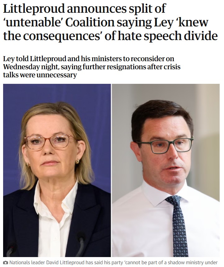 Is this the first step towards a One Nation / Nationals coalition?

If the Nationals bring all their voters with them (approx 5%) then that would work out to be:

One Nation / Nationals coalition: approx 26% (and climbing)
Liberals (by themselves): approx 16% (and falling)

A few