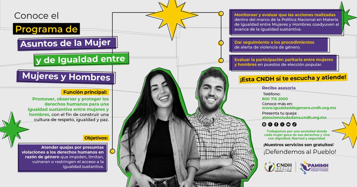 CNDH's tweet photo. 🟪Un espacio para promover y defender sus derechos humanos, brindar orientación y fortalecer el acceso a la justicia con enfoque de género.
¡Conoce el #PAMIMH!
#DefendemosAlPueblo https://t.co/oN039ooQEh