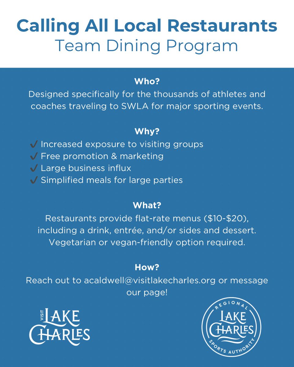Hey SWLA Restaurants! 👋🏼

We’re rolling out our Team Dining Program to help connect visiting sports teams with local dining spots🍽️

Get exposure to THOUSANDS of athletes and coaches! 🏆

Ready to join? Message us or email acaldwell@visitlakecharles.org! 📧