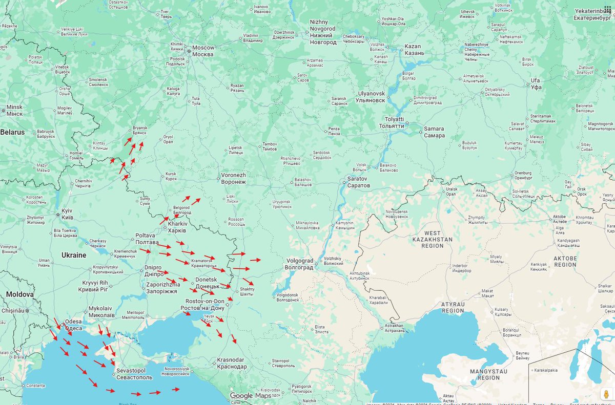 Map via Russian media, of drone tracking into Russia and the occupied territories within the past hour.