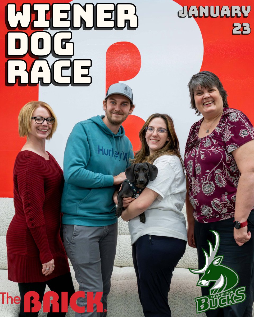 CranbrookBucks's tweet image. Get ready for racing this Friday! 🐾 

The Brick managers Cassie and Shannon pose for a picture for the upcoming Wiener Dog races at the Bucks game against the Sherwood Park Crusaders this Friday at 7pm! Thanks for sponsoring this event @thebrickcranbrook!

#GoBucksGo
