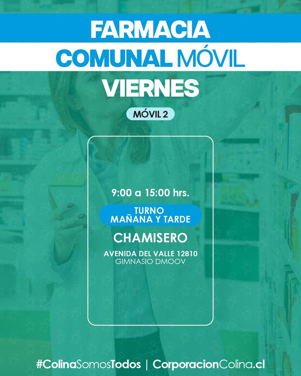 CorpColina's tweet image. 📅 𝗩𝗜𝗘𝗥𝗡𝗘𝗦 | 𝗙𝗔𝗥𝗠𝗔𝗖𝗜𝗔 𝗖𝗢𝗠𝗨𝗡𝗔𝗟 𝗠𝗢́𝗩𝗜𝗟 𝗘𝗡 𝗧𝗘𝗥𝗥𝗘𝗡𝗢 🚐💊
Este viernes, la Farmacia Comunal Móvil estará atendiendo en el sector Chamisero, acercando el acceso a medicamentos a la comunidad.