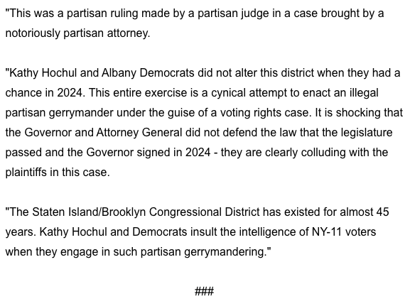NewYorkGOP's tweet photo. Statement from @ChairmanEdCox on today's court decision regarding New York's 11th Congressional District: https://t.co/XeUVv2QF1B