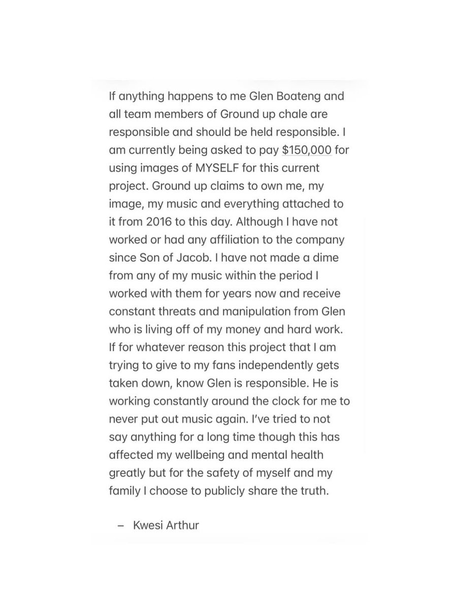 SIKAOFFICIAL1's tweet photo. Ghanaian rapper Kwesi Arthur has accused his former record label, Ground Up Chale, and its Chief Executive Officer, Glen Boateng, of demanding US$150,000 and unlawfully claiming ownership of his image and musical works, despite the absence of any professional relationship since the Son of Jacob album era.

He further alleges that he has received no financial returns from his music catalogue and has been subjected to persistent threats. Kwesi Arthur has warned that should any harm come to him, responsibility should be attributed to Glen Boateng and Ground Up Chale.