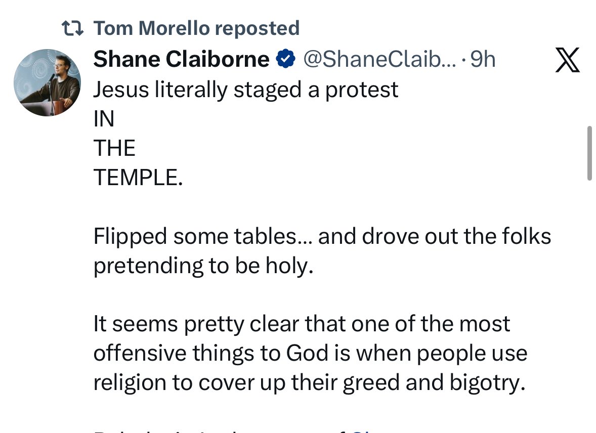 megbasham's tweet image. Oh no guys, @tmorello, the musician who offered us such profound and poetic thoughts as, “f**k you I won’t do what you tell me” disapproves of how Christians are doing Christianity!

Apparently what Jesus wants is for us to bust into worship services to terrorize children and…