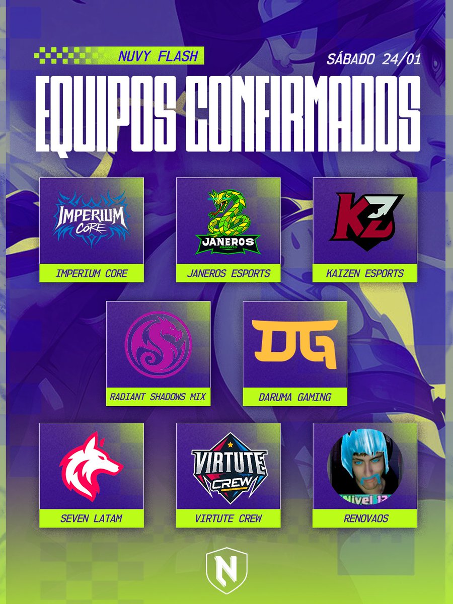 EQUIPOS CONFIRMADOS 🧨

Caras nuevas y viejos conocidos se suman a esta #NuvyFlash 3 

⏰ Sábado 24 - 16HS