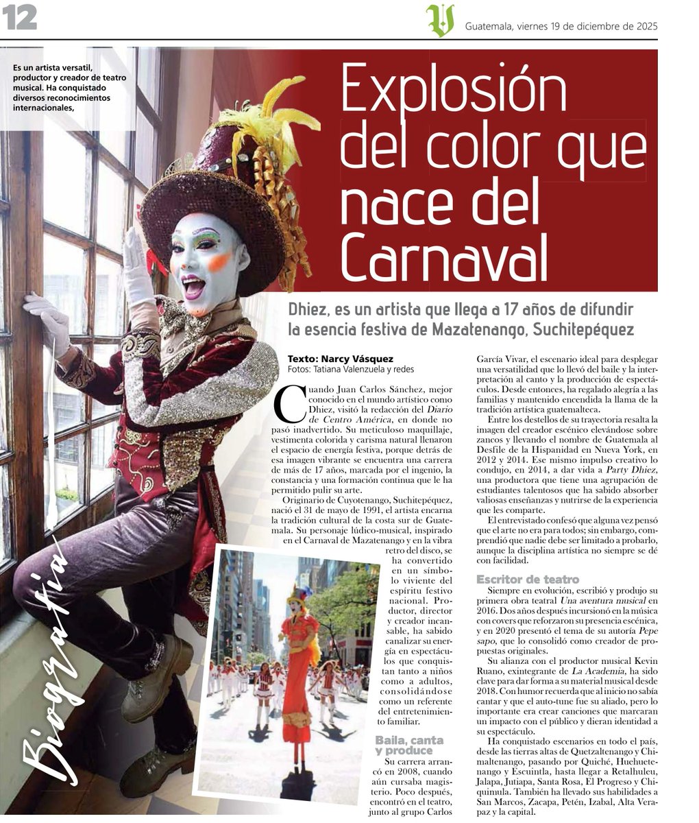 nvasquezDCA's tweet photo. El artista Dhiez encarna la tradición cultural de la costa sur de Guatemala. Su personaje lúdico-musical, inspirado en el Carnaval de Mazatenango. Publicación de Revista Viernes https://t.co/FsjHAAj7bz @DiariodeCA #Arte https://t.co/VI4zCeRGSV